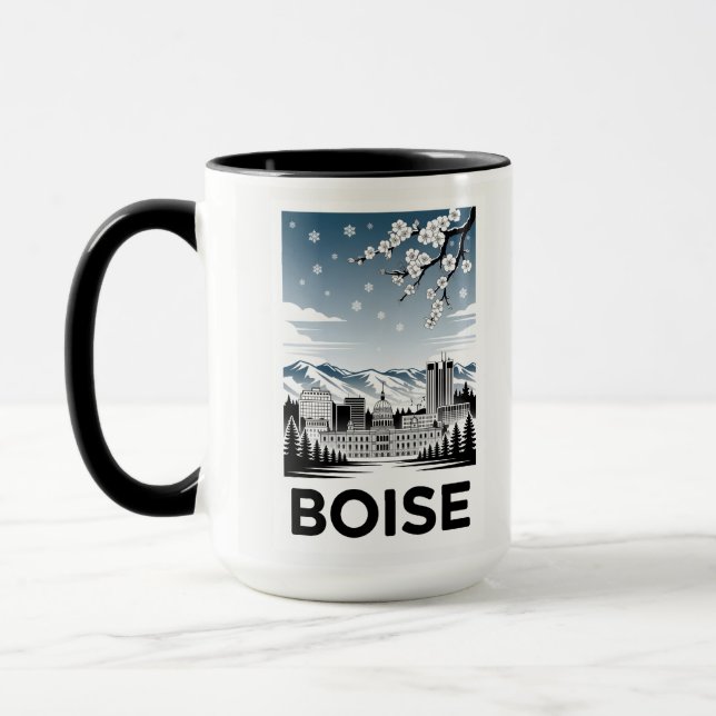 Boise Skyline Black and White Woodcut Winter  Mug (Left)