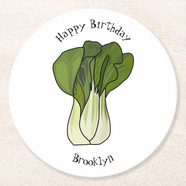 Bok choy cartoon illustration round paper coaster (Front)