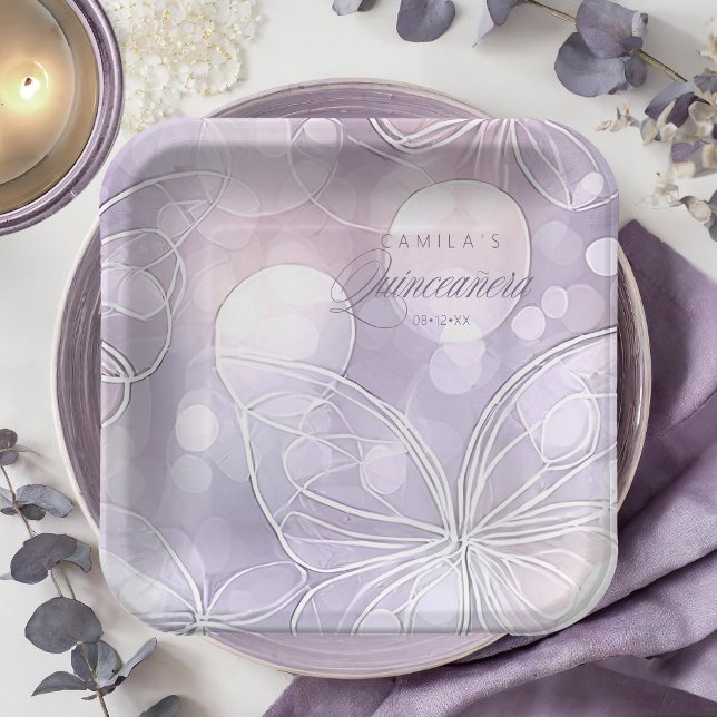 Bokeh and Butterfly Quinceanera Lavender ID1030 Paper Plate (Creator Uploaded)