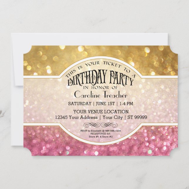 Bokeh Birthday Movie Ticket Style Pink Sparkle Invitation (Front)