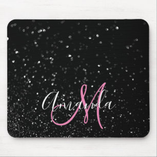 Bokeh Black Glitter Pink and White Monogram Mouse Mat
