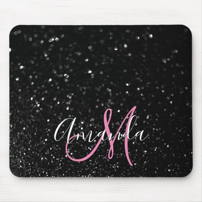 Bokeh Black Glitter Pink and White Monogram Mouse Mat (Front)