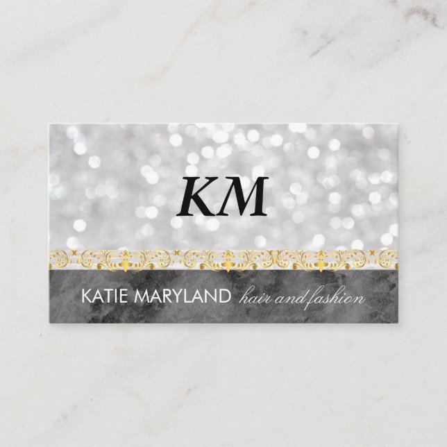 Bokeh Black Marble Gold Floral Foil Monogram Business Card (Front)