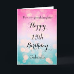 Bokeh Blue and Pink 15th Birthday Card<br><div class="desc">A bokeh 15th birthday card for granddaughter,   which you can easily personalise with her name. Inside this unique pink and blue bokeh birthday card reads a heartfelt birthday message,  which can also be personalised if wanted. This would make a unique birthday keepsake for her.</div>