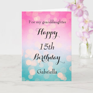Bokeh Blue and Pink 15th Birthday Granddaughter Card