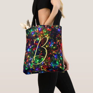 Bokeh Colourful Burry Christmas Lights Monogram Tote Bag