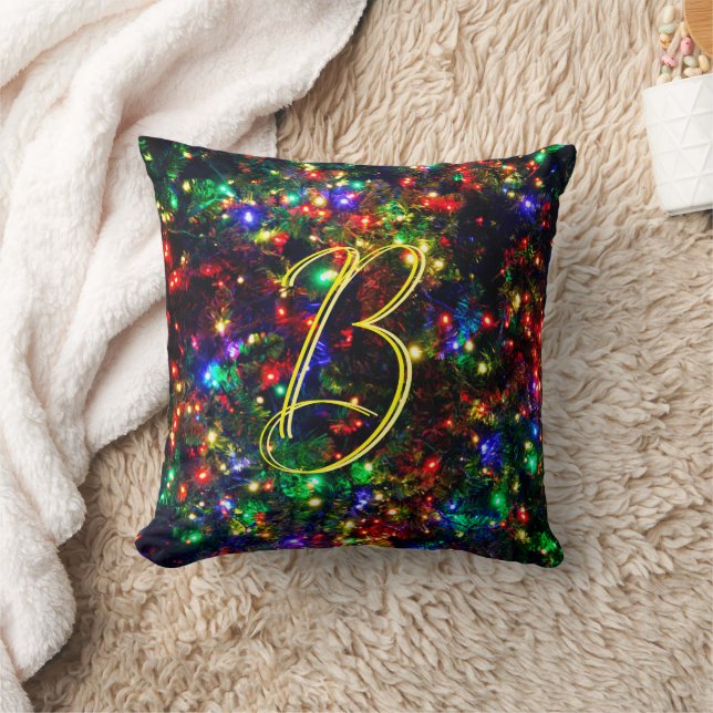 Bokeh Colourful Burry Christmas Lights Monogrammed Cushion (Blanket)