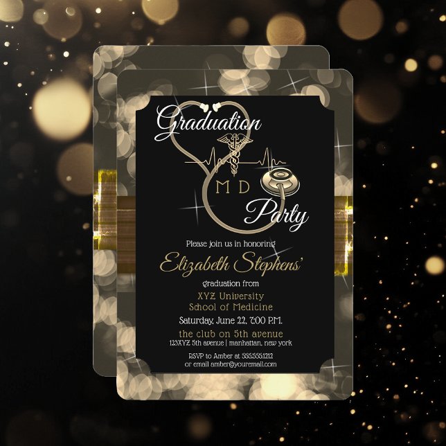 Bokeh Doctor Stethoscope EKG Graduation Party Invitation (Bokeh Doctor "MD" Stethoscope EKG Graduation Party Invitation - Print and/or Digital Download)
