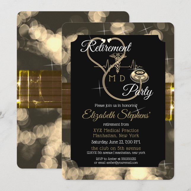Bokeh Doctor Stethoscope EKG Retirement Party Invitation (Front/Back)