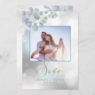 Bokeh Dusty Blue Laurel Eucalyptus Save the Date Invitation