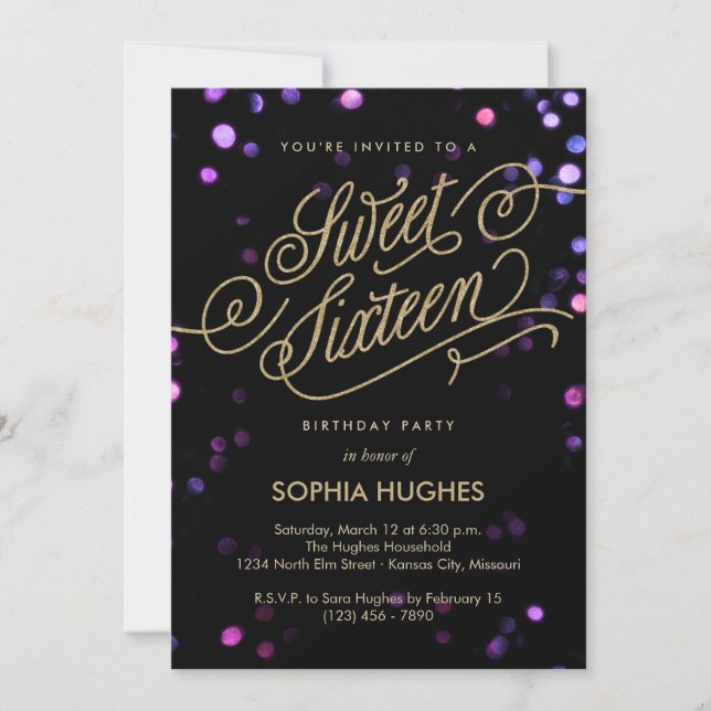 Bokeh Glam Faux Gold Sweet Sixteen Invitation (Front)