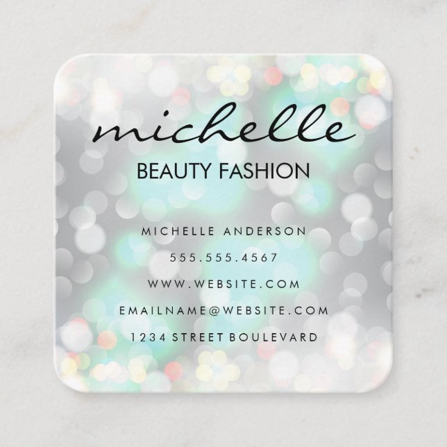 Bokeh Glamour with Cursive Text Square Business Card (Front)