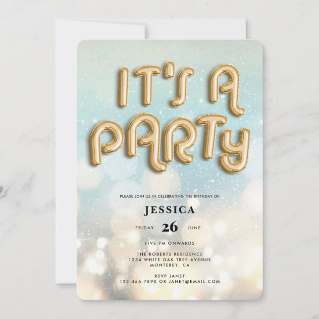 Bokeh Gold Foil Balloon Type Birthday Invitation (Front)
