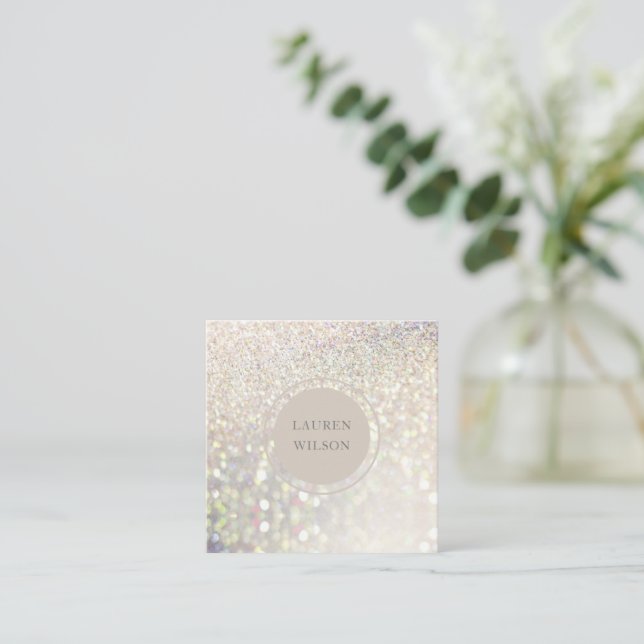 bokeh gold glitter iridescent square business card (Standing Front)