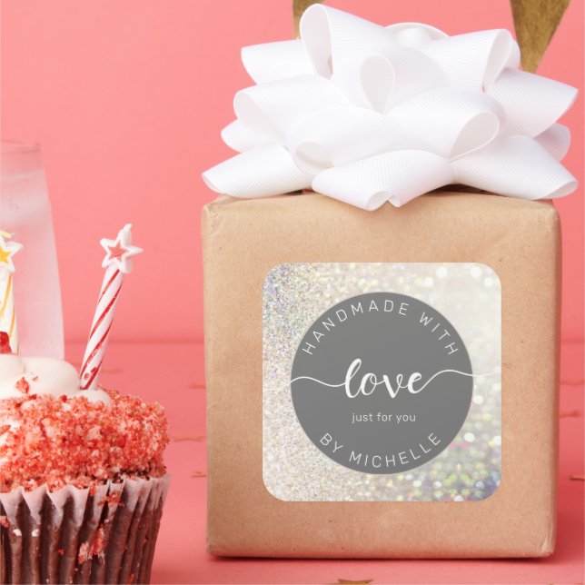 bokeh gold iridescent glitter handmade with love square sticker (Party)