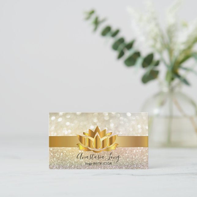 Bokeh Gold, Lotus Flower Yoga Instructor Business  Business Card (Standing Front)