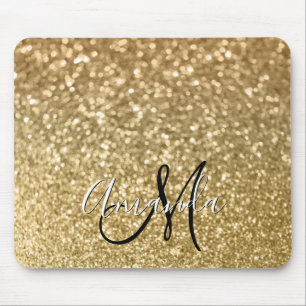 Bokeh Golden Glitter Black and White Monogram Mouse Mat