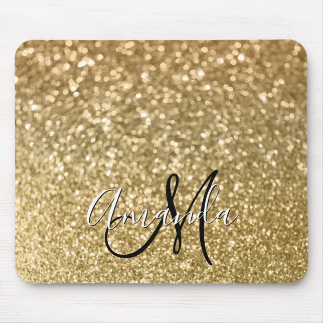 Bokeh Golden Glitter Black and White Monogram Mouse Mat (Front)
