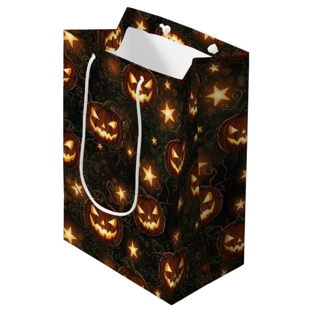 Bokeh Halloween Seamless | Glowing Jack-O’ Lantern Medium Gift Bag (Front Angled)