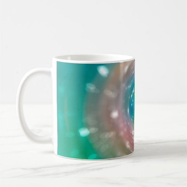 Bokeh light, shimmering blur spot lights on multic coffee mug (Left)