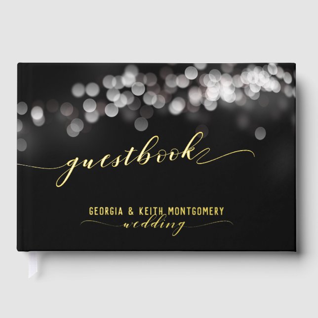 Bokeh Lights Black Gold Script Elegant Wedding  Guest Book (Front)