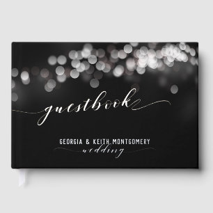 Bokeh Lights Black Silver Script Elegant Wedding Guest Book