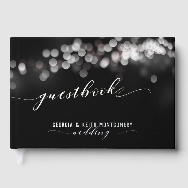 Bokeh Lights Black Silver Script Elegant Wedding  Guest Book (Front)
