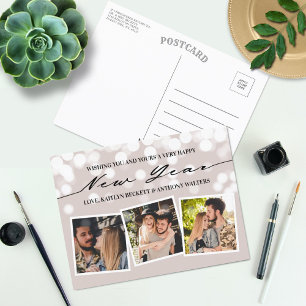 Bokeh Lights   New Year 3 Photo Collage Holiday Postcard