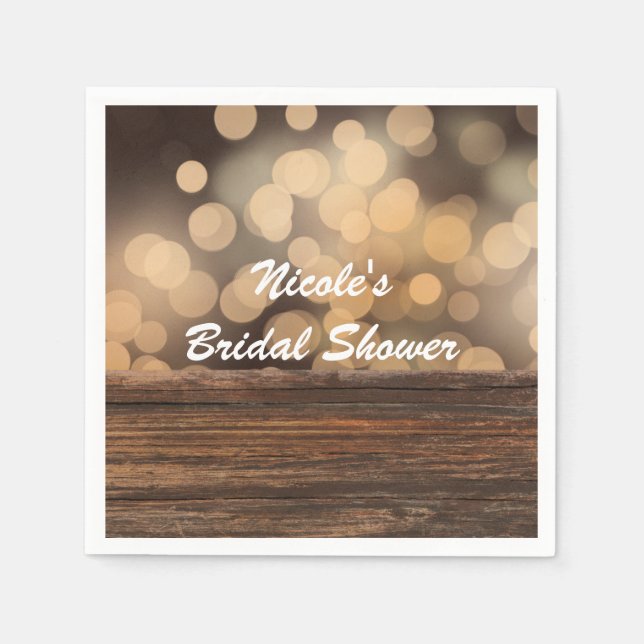 Bokeh Lights & Wood Rustic Sparkle Wedding Napkin (Front)