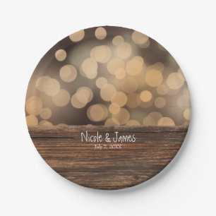 Bokeh Lights & Wood Rustic Sparkle Wedding Paper Plate