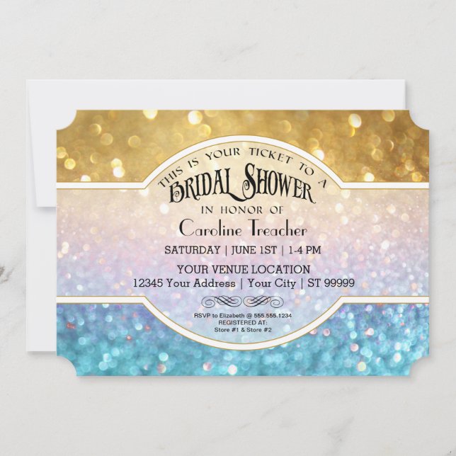 Bokeh Movie Premier Ticket Style Gold Blue Sparkle Invitation (Front)