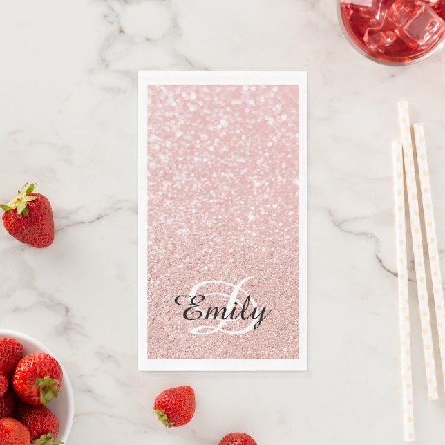 Bokeh Pale Rose Gold Glitter Personalised Monogram Napkin (Insitu)