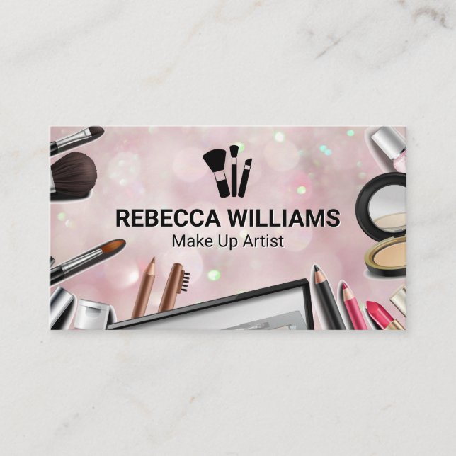 Bokeh Pink Background | Makeup Brushes  Business Card (Front)