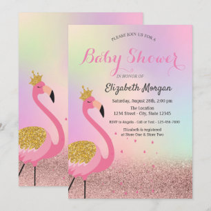 Bokeh,Pink Flamingo Holographic Baby Shower Invitation