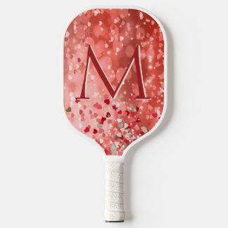 Bokeh Red Glitter Heart Monogram Pickleball Paddle