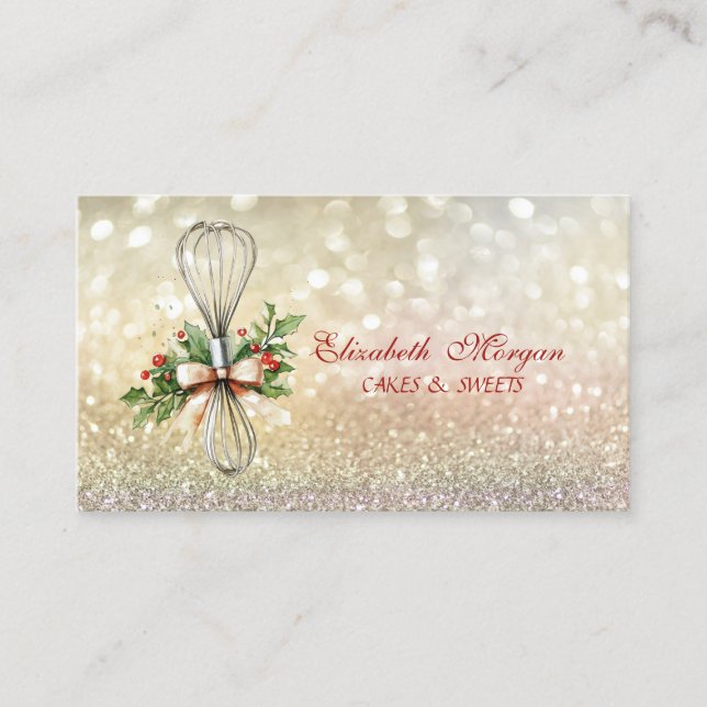  Bokeh Rolling Pin Whisk Winter Flowers Bakery Business Card (Front)