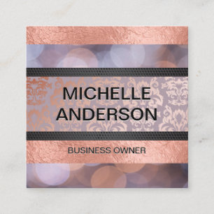 Bokeh Rose Gold Foil Damask Colour Block Square Business Card