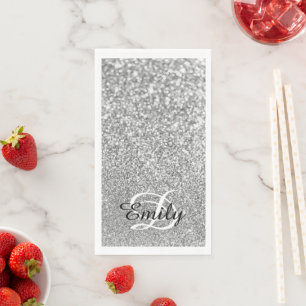 Bokeh Silver Glitter Personalised Monogram Napkin