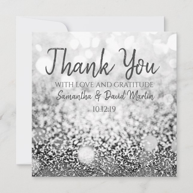 Bokeh Silver Glitter Wedding Thank You Card (Front)