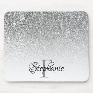 Bokeh Silver Grey Glitter White Ombre Monogram Mouse Mat