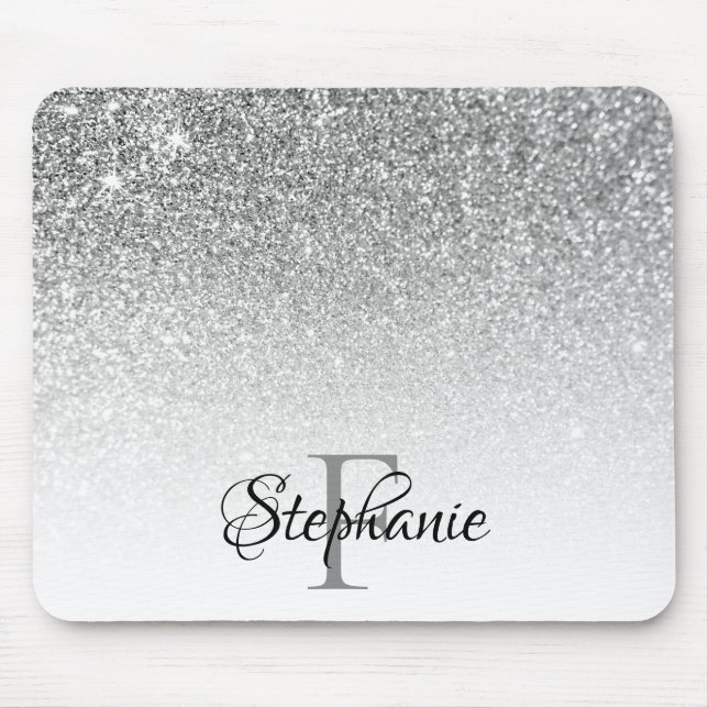 Bokeh Silver Grey Glitter White Ombre Monogram Mouse Mat (Front)