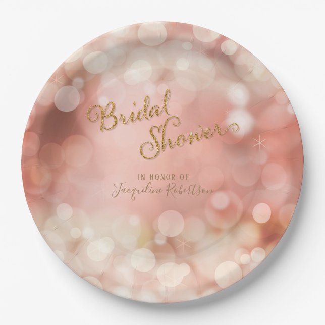 Bokeh Sparkle Twinkle Lights Pastel Pink Bridal Paper Plate (Front)