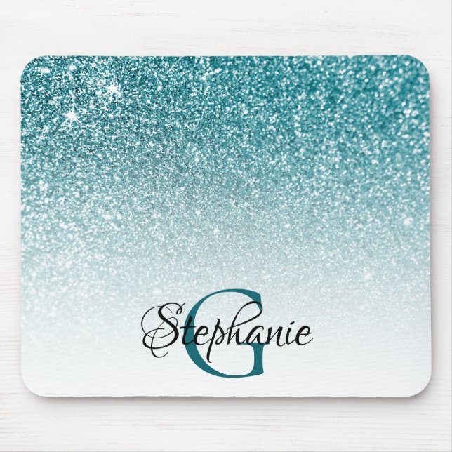 Bokeh Teal Glitter White Ombre Monogram Mouse Mat (Front)