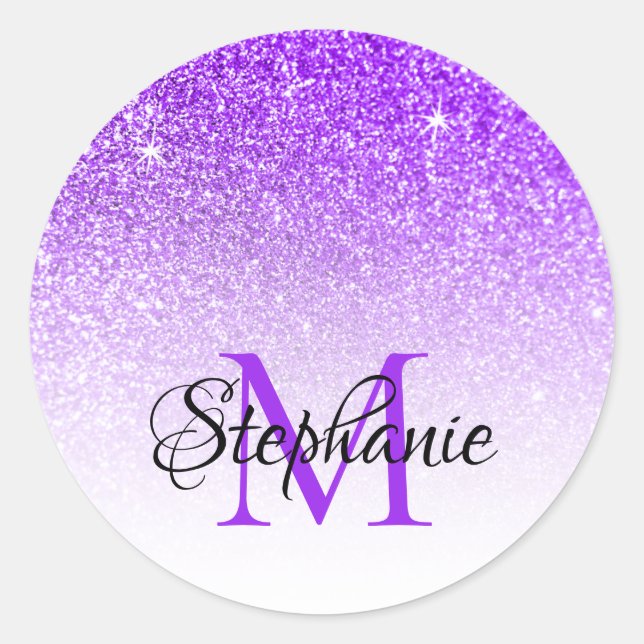 Bokeh Violet Glitter White Ombre Monogram Classic Round Sticker (Front)