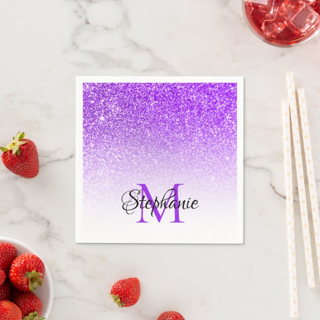 Bokeh Violet Glitter White Ombre Monogram Napkin (Insitu)