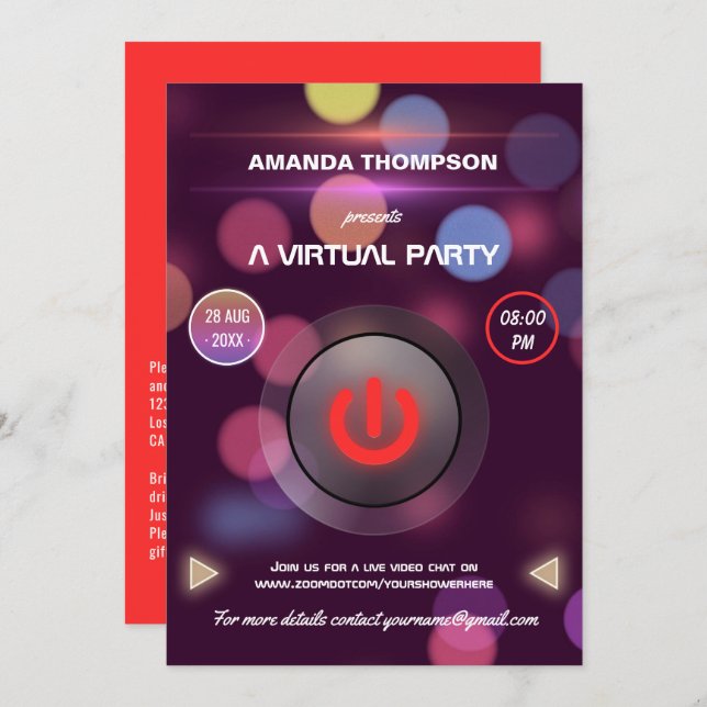 Bokeh Virtual Birthday Party Invitation (Front/Back)