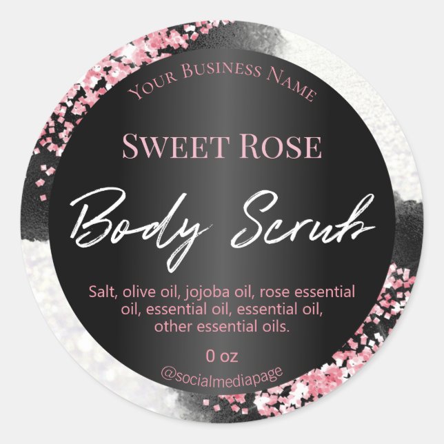 Bokeh White Black Pink Glitter Body Scrub Labels (Front)