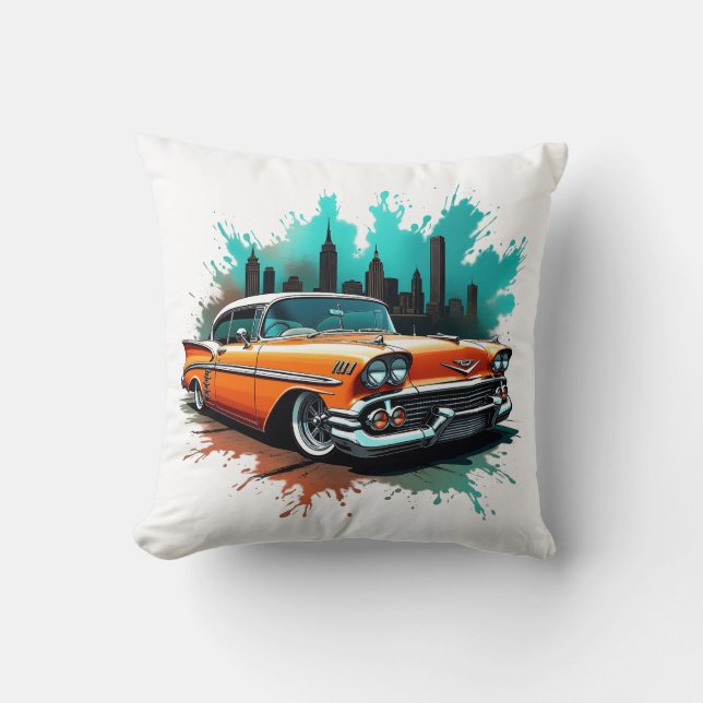 Bold 1958 Car with Skyline and Paint Splash Design Cushion (Front)