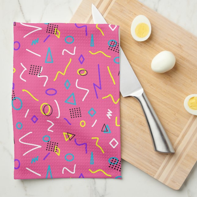 Bold 1980s Memphis Style Shapes on Pink Pattern Tea Towel (Quarter Fold)