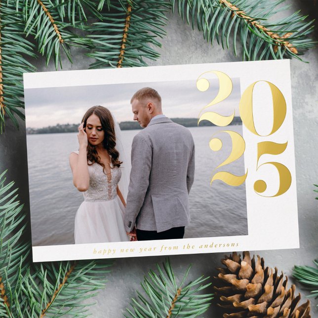 Bold 2025 New Year Photo Gold Foil Holiday Card (Creator Uploaded)